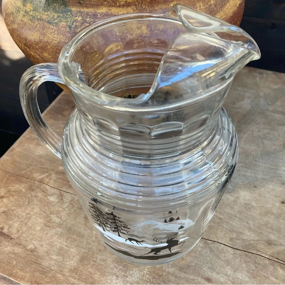 Winter scene Christmas glass pitcher snowy mountains forest reindeer buck‎